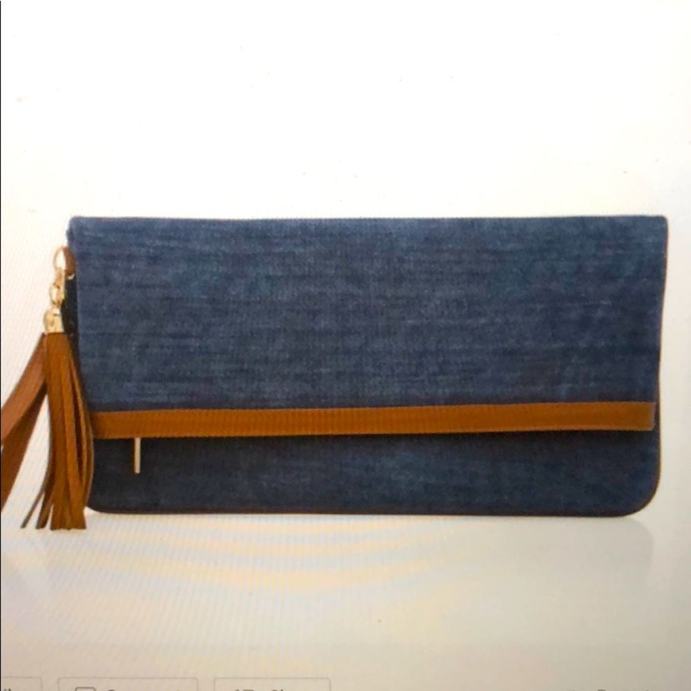 Denim Blue Suede Fold Over Clutch with Tassel